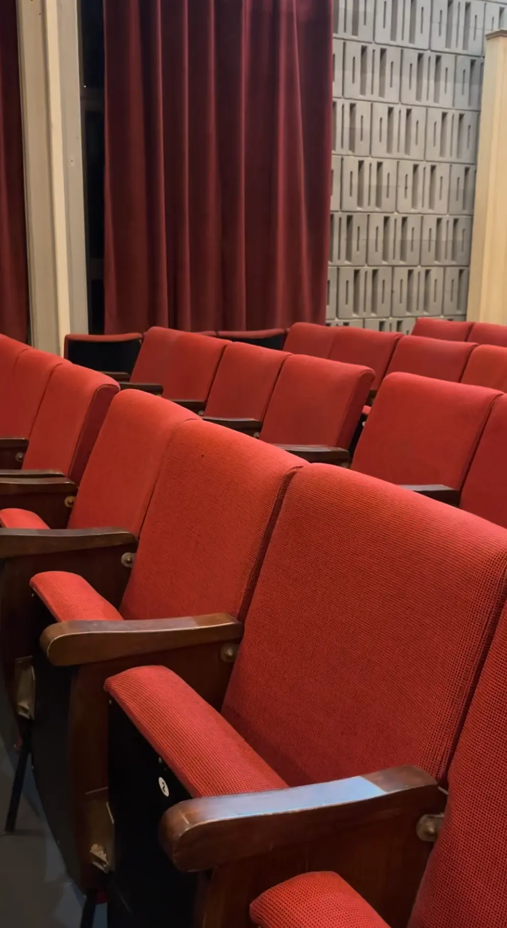Poltrone rosse in platea davanti al sipario del Teatro del Torrino
